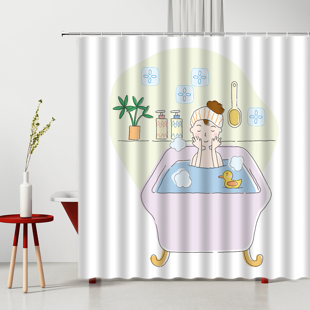 Bathroom Shower Curtain Cartoon Little Girl In The Shower Waterproof Bathroom Decoration Polyester Fabric Household Items alx