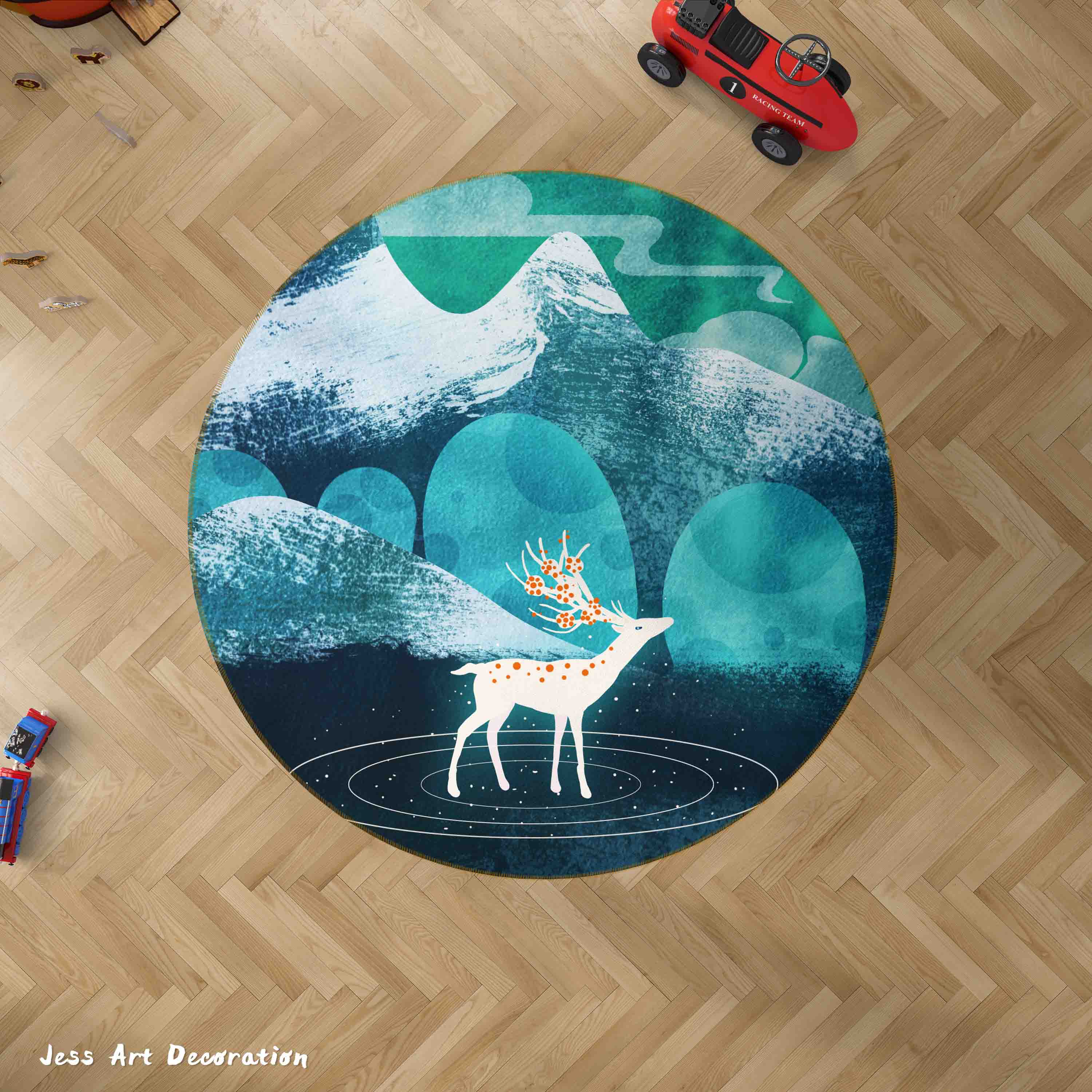 3D Cartoon Mountain Animal Elk Kids Non-Slip Round Rug Mat 7