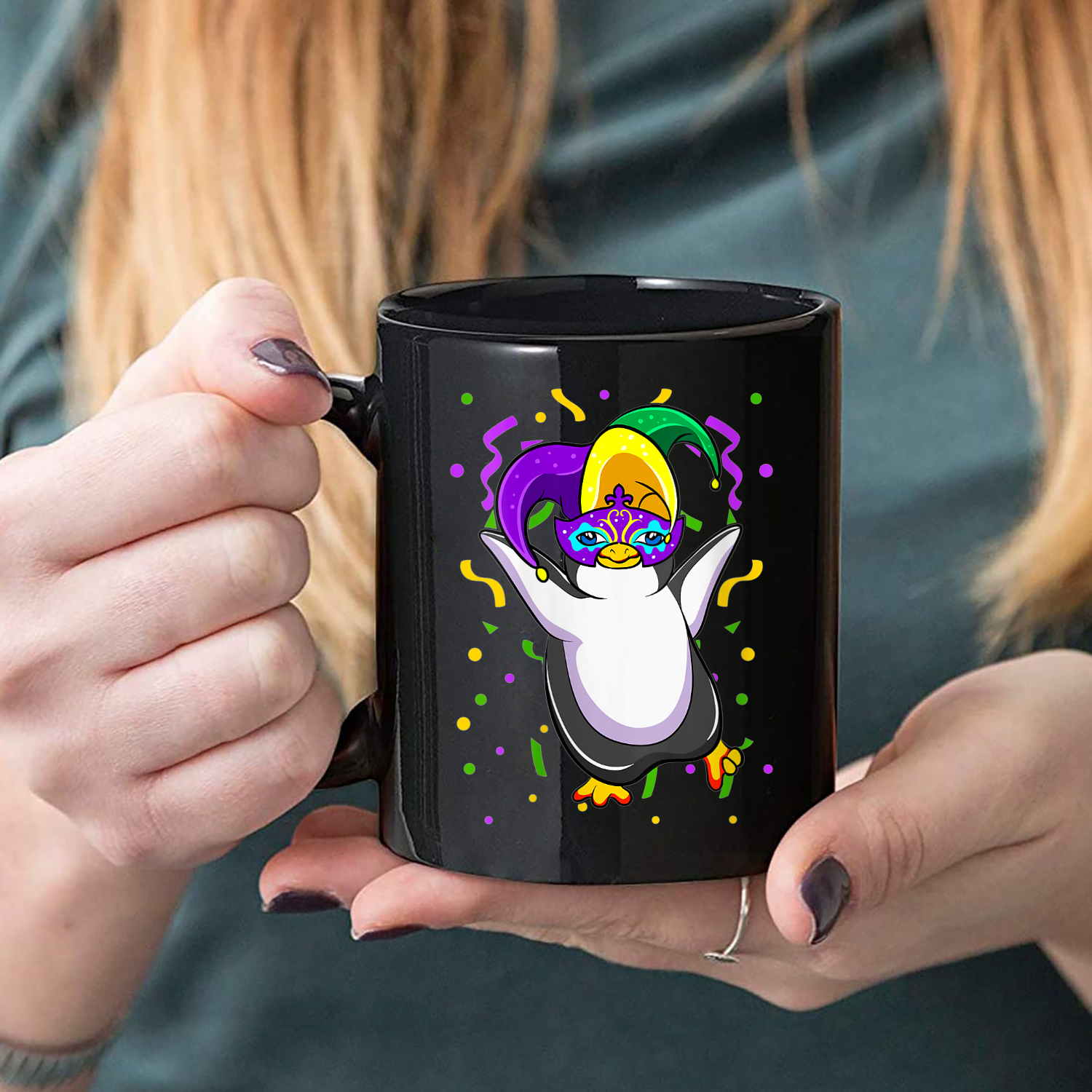 Mardi Gras Penguin Lover Mug Black Ceramic 11-15oz Coffee Tea Cup