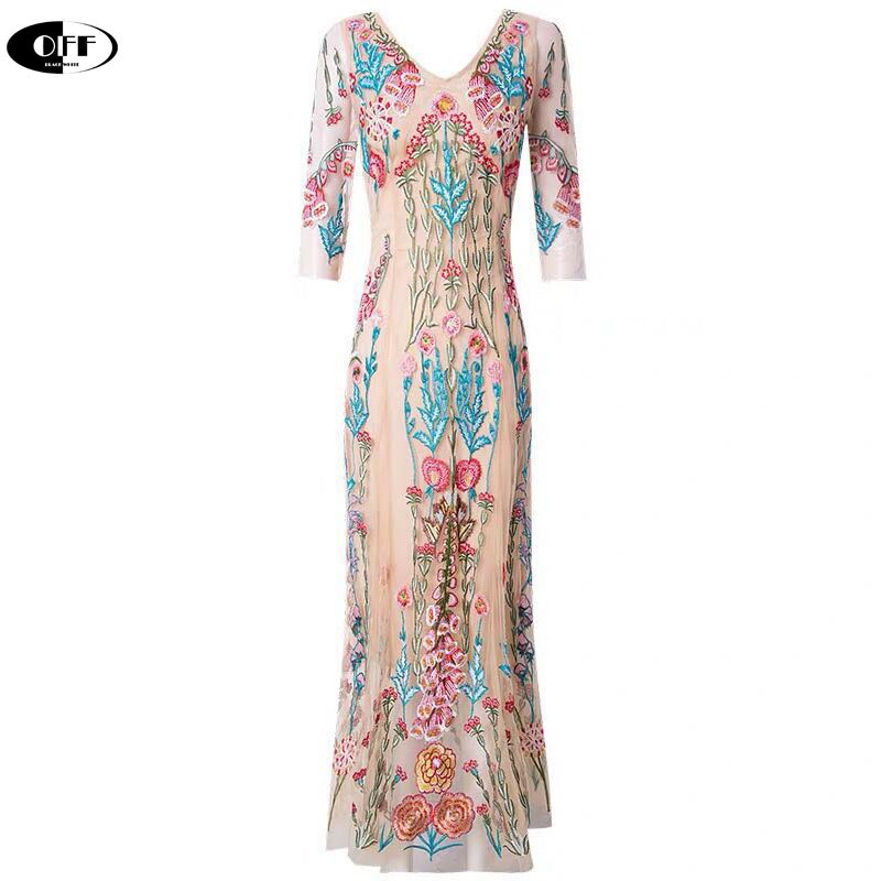 Autumn Designer woman Long Maxi Dress V neck Mesh Flowers Embroidery elegant Vintage A line Party night Dresses for women Robe alx