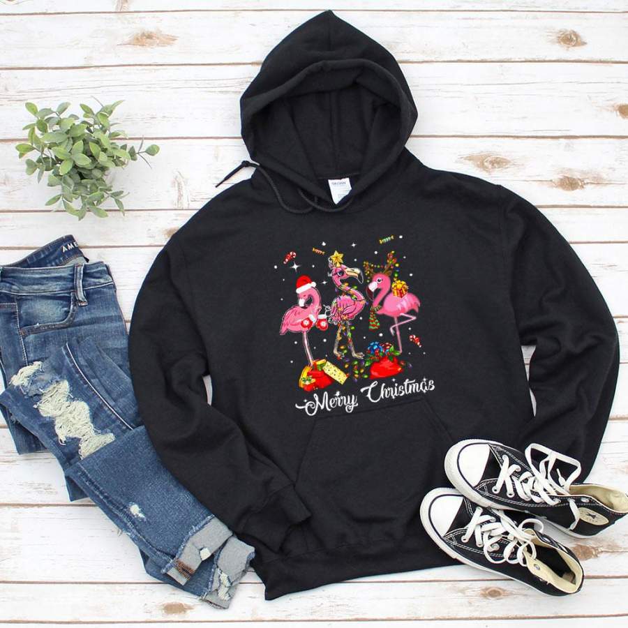 Christmas cute flamingo merry christmas colorful light santa hat candy cane gift black hoodie for men and women S-5XL