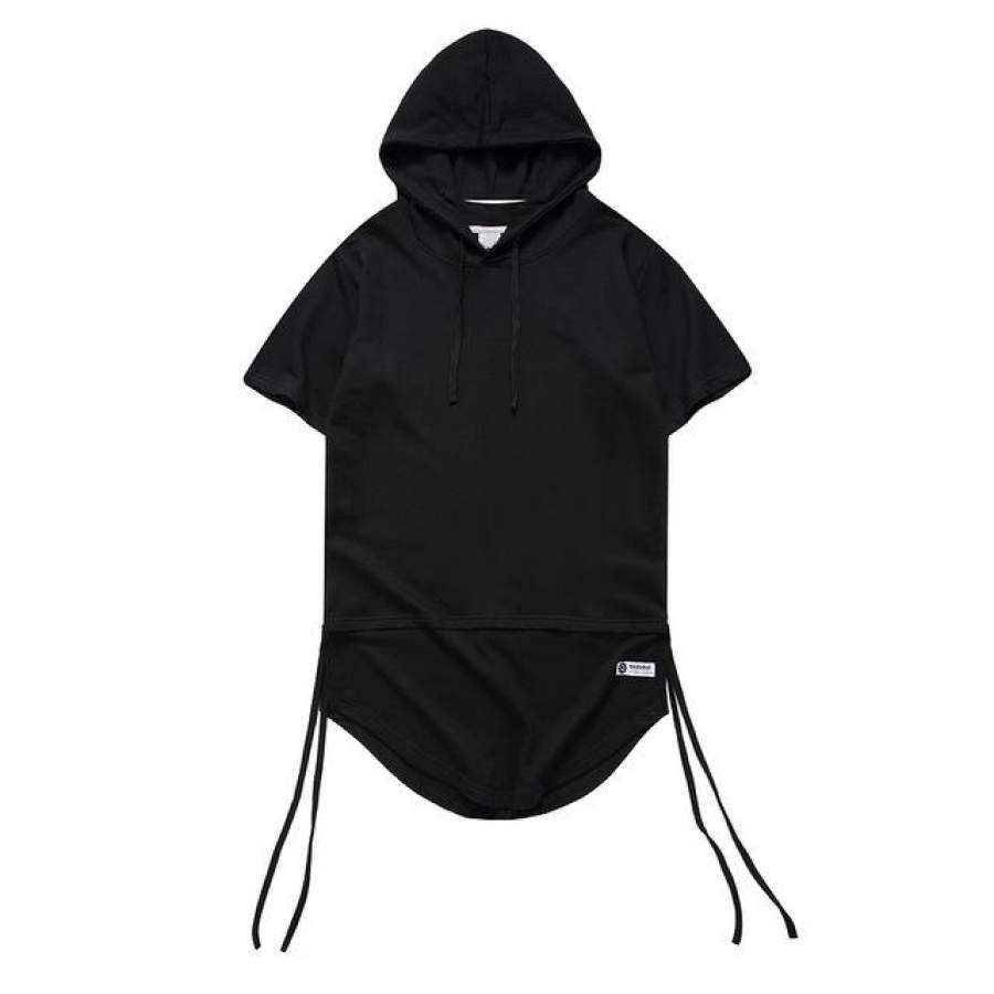 Elongated Curved Hem Men’s T-shirt with Hoodie Summer Side String Blank Hip Hop T shirt Short Sleeve Black Pink