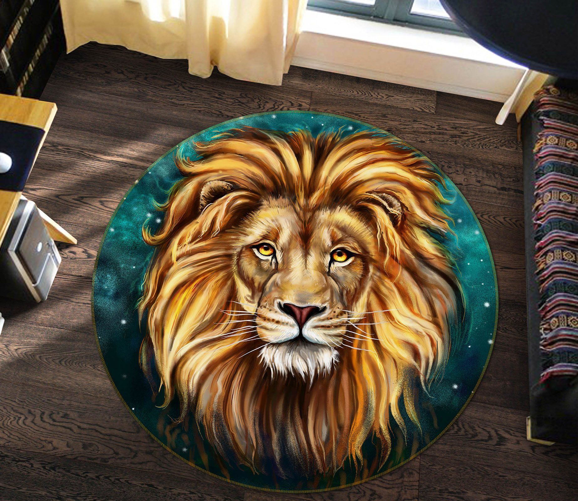 Turquoise Background Lion Face Round Rug Home Decor