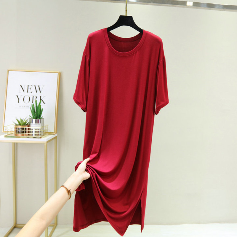 Summer Casual Nightgown For Women Sexy Red Elastic Nightdress Women’s Modal O-Neck Full Sleeve Nightwear Fashion Clothes Dress alx