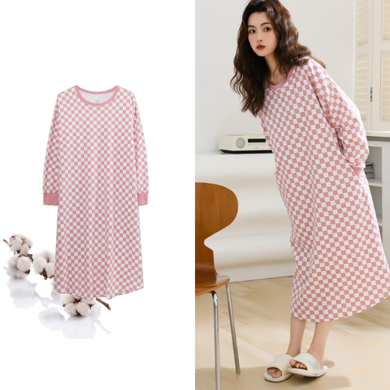 Spring New Pure Cotton Long Sleeved Night Dress Womens Nightgowns Plaid Sleepshirts Girls Nightgowns Fashion Homewear Nightdress alx