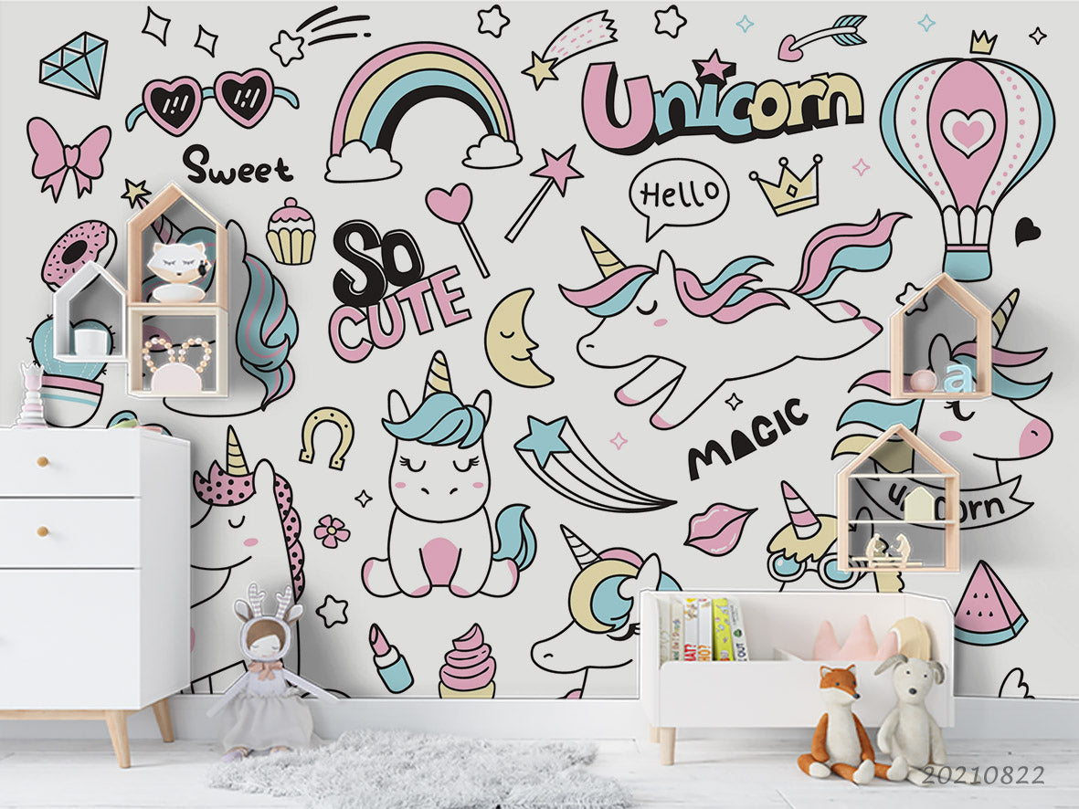 3D Cartoon Animal Unicorn Rainbow Wall Mural Wallpaper Lqh 428