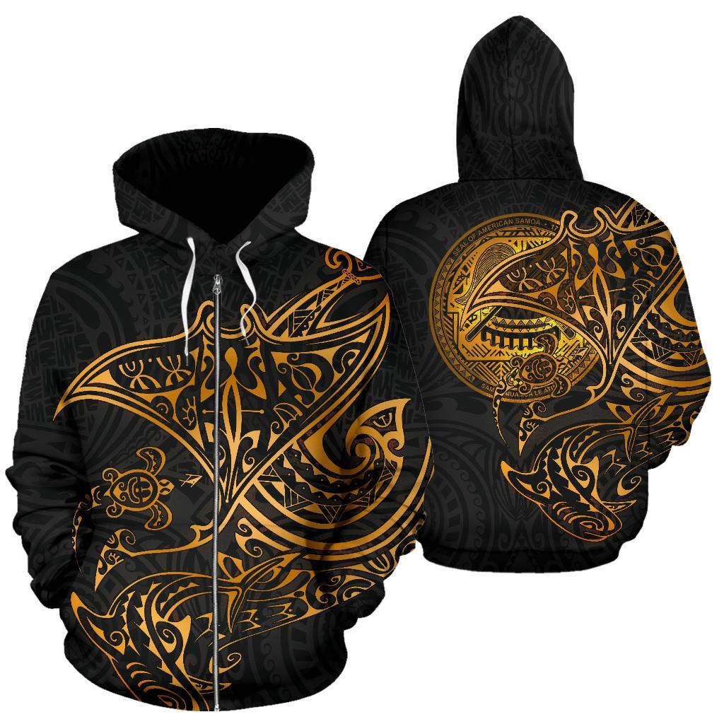 American Samoa Polynesian Zip-Up Hoodie – Gold Turtle Shark Manta – Pacific Print Hoodie