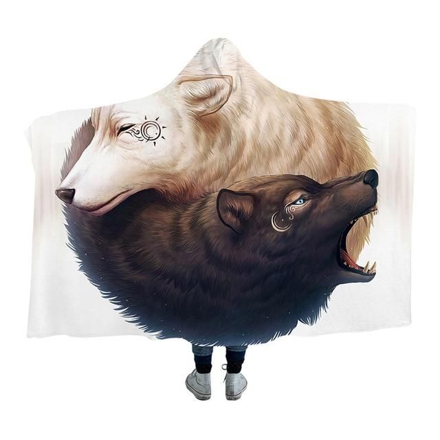 Yin And Yang Wolves Native American Design Hooded Blanket