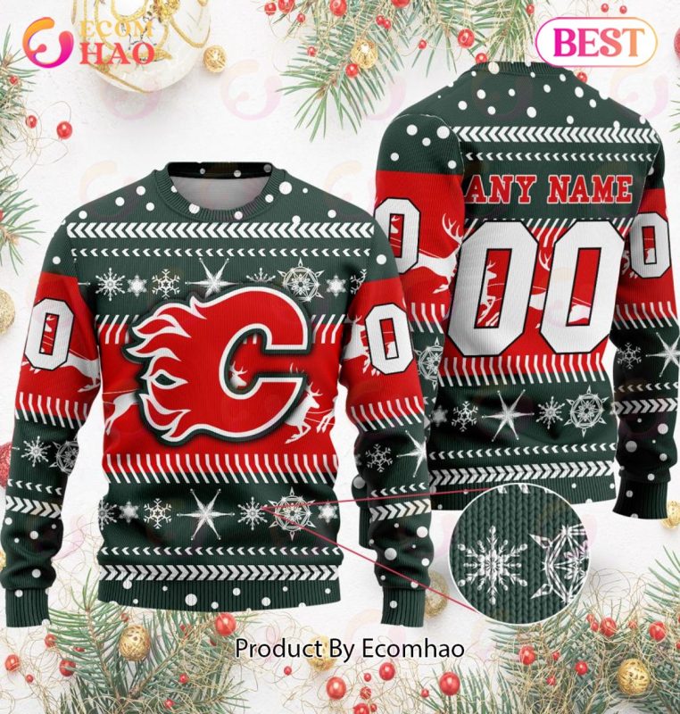 Calgary Flames Custom Name Number Green Red Gift For Fan Ugly Wool Sweater Christmas