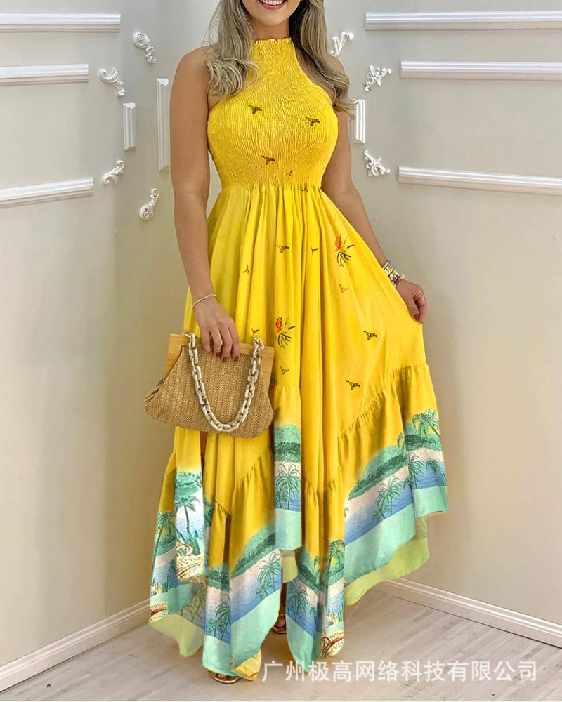 2022 Spring and Summer New Women’s Yellow Sleeveless Printed Ruffled Irregular Dress alx