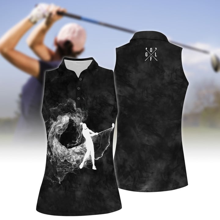 Golf Smoke Background Black Women Sleeveless Polo Shirt, 3D All Over Print Golf Shirt, Golf Smoke Shirt