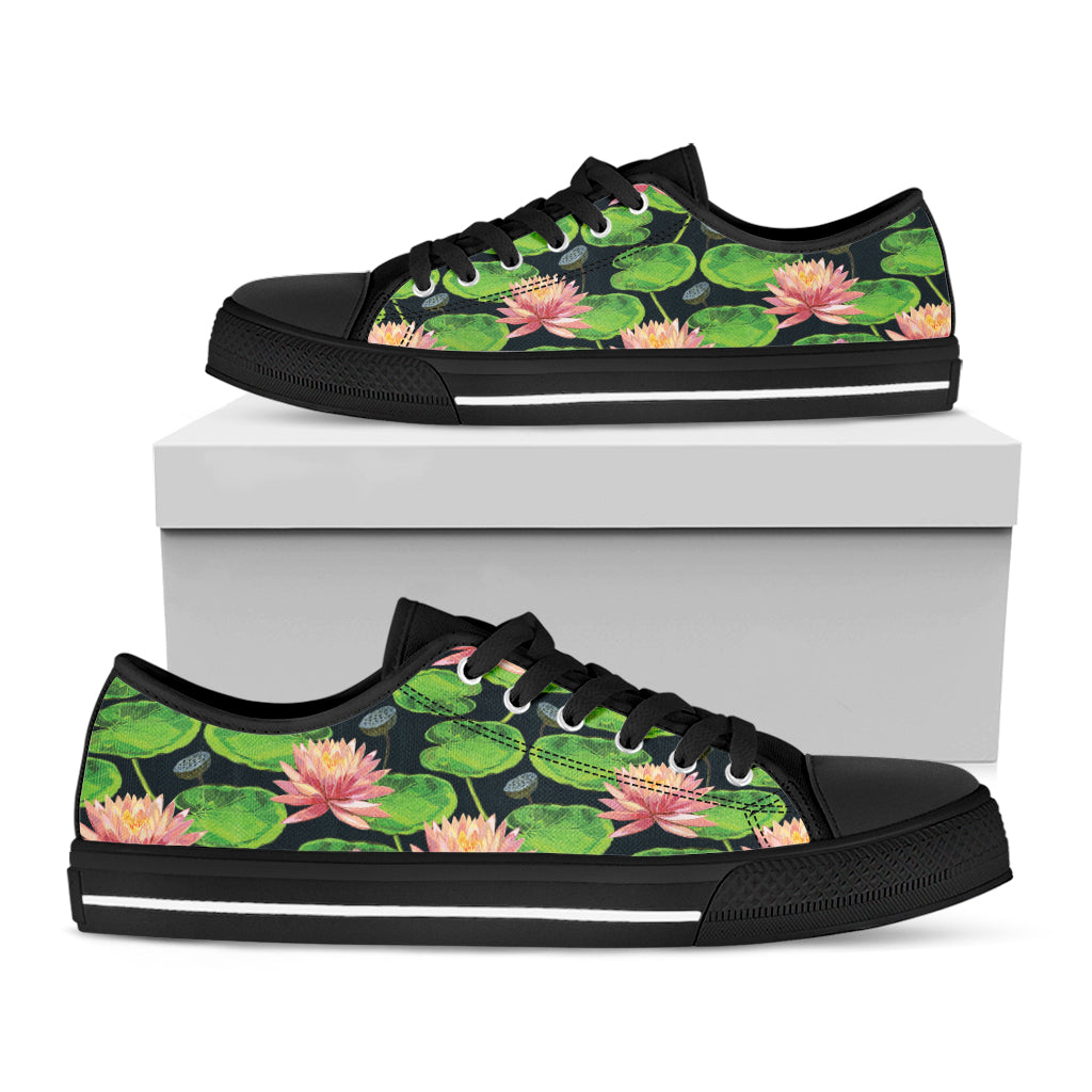 Water Lily Flower Pattern Print Black Low Top Shoes