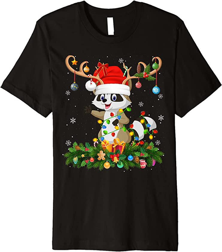 Raccoon Animal Lover Reindeer Santa Hat Raccoon Christmas Premium T-Shirt