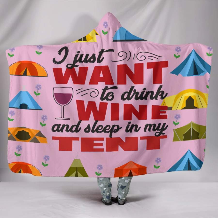 Wozoro Hooded Blanket CampingI Just Want To Drink Wine Ans Sleep In Tent Pink Color Adult, Youth Size