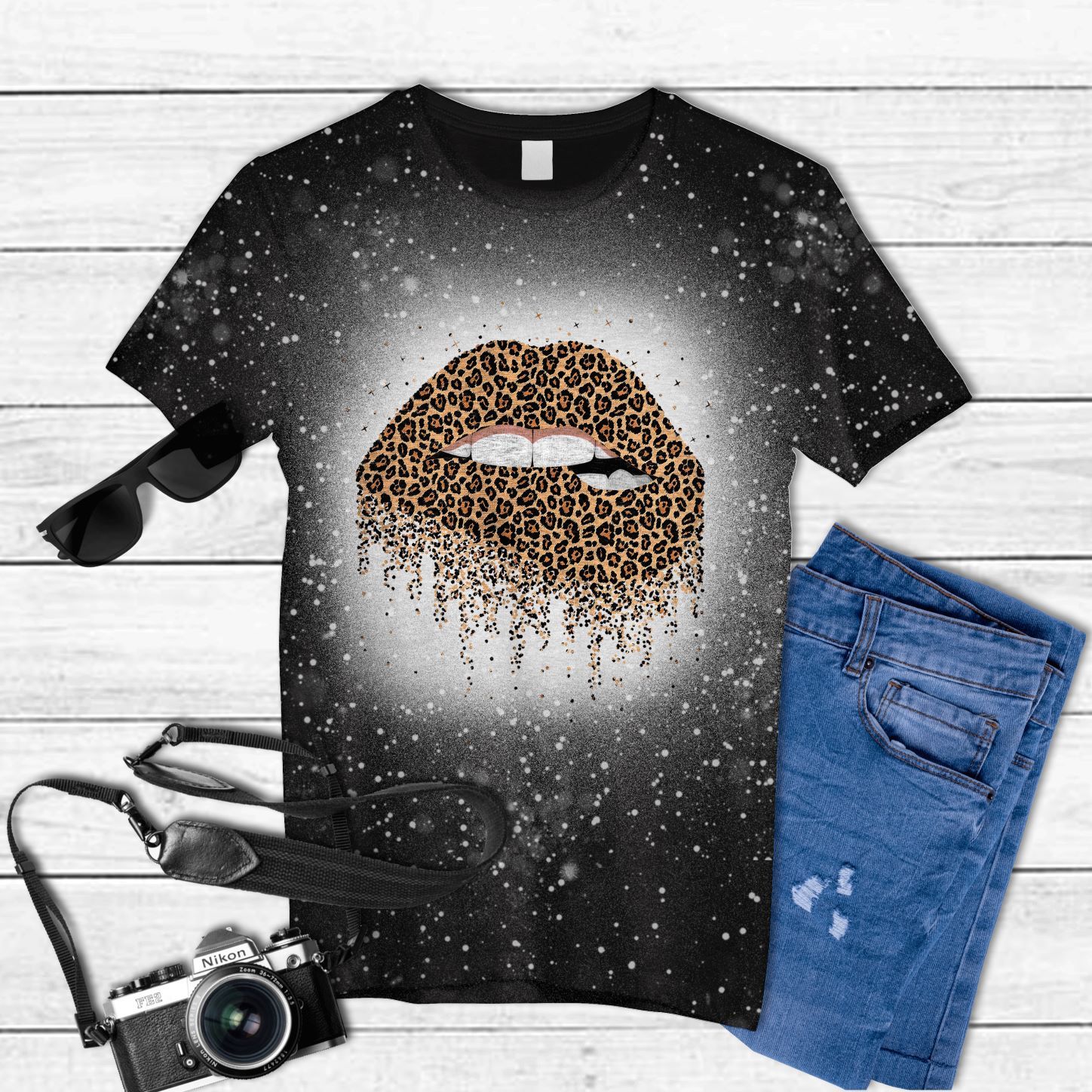 Sexy Lip Leopard Print Tie Dye Bleached T-Shirt