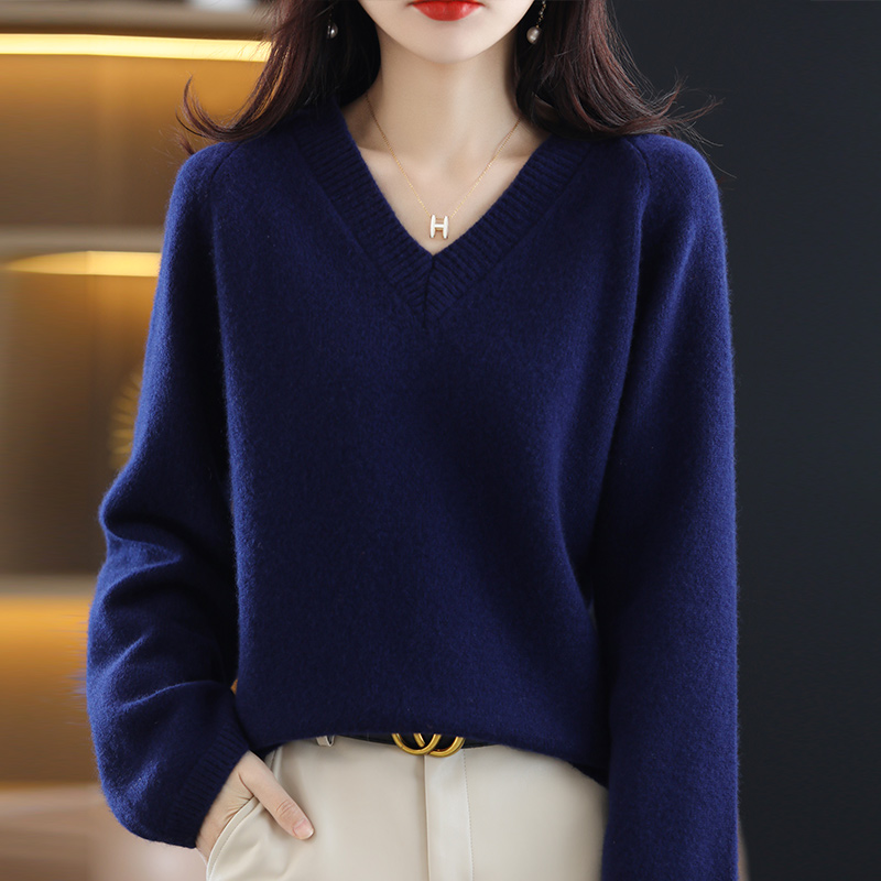 2022 New V-Neck Pullover Thicken Loose Large Size Women 100% Pure Wool Sweater Autumn Winter Solid Color Knitted Jumper Top alx