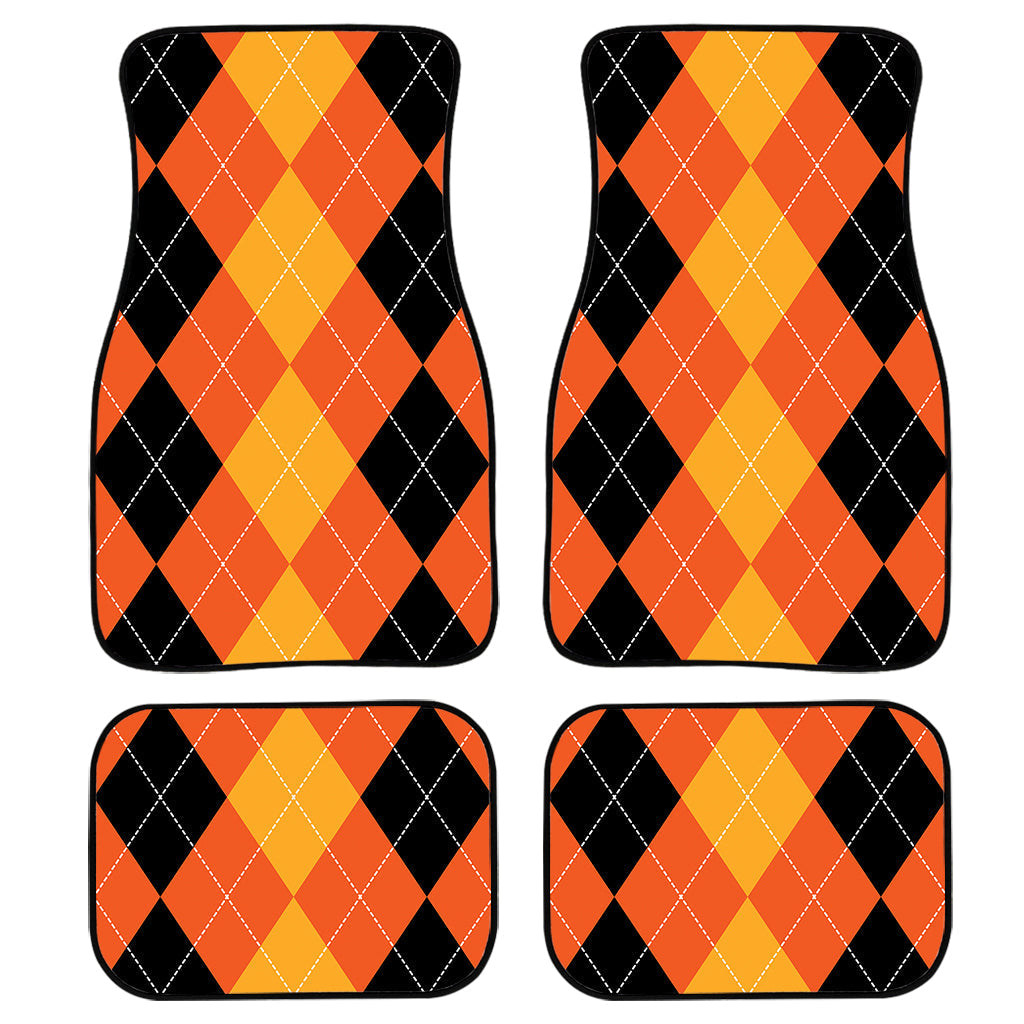 Orange And Black Argyle Pattern Print Front And Back Car Floor Mats, Front Car Mat