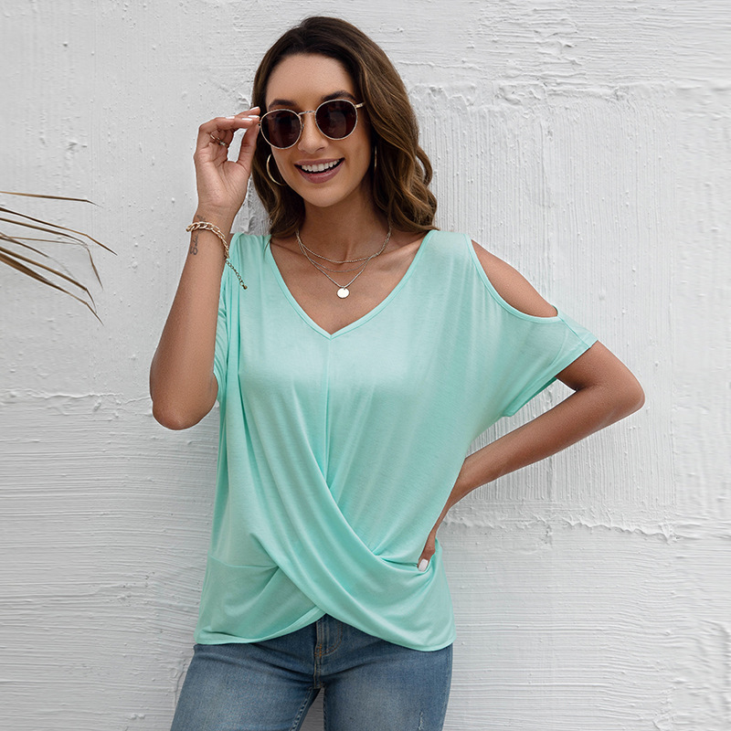 Summer V-neck Loose Off Shoulder T-shirt Top Women New Arrival Solid Casual Cross Tie up Short Sleeve Tee Irregular Pullovers alx