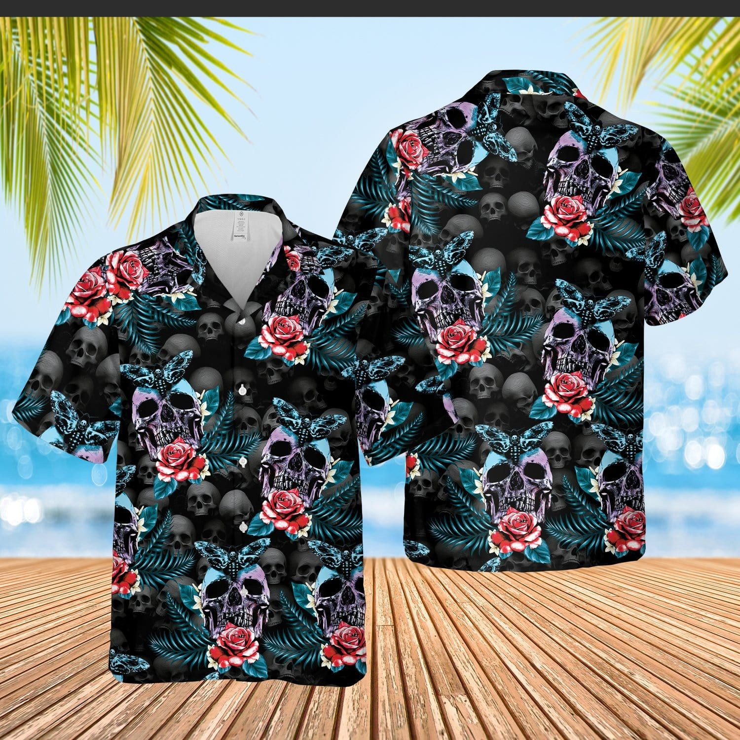 Skull Rose And Butterfly Black Aloha Hawaii Shirt Unisex Adult Ha101291