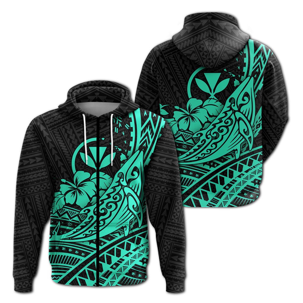 Hawaii Humpback Whale With Hibiscus Tribal Turquoise Zip Hoodie – Lt12