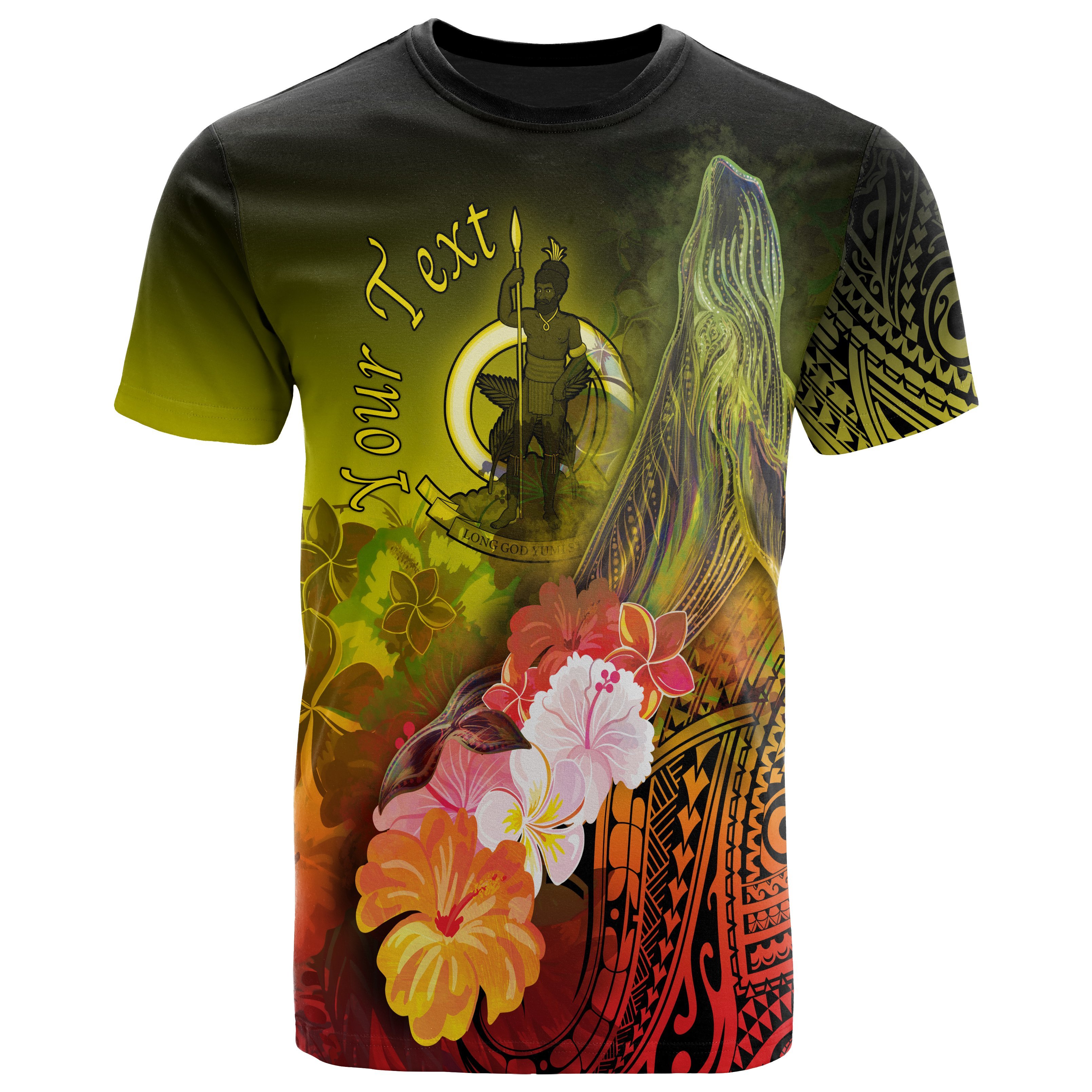 Vanuatu Personalised T-Shirt – Humpback Whale with Tropical Flowers (Yellow)- BN18