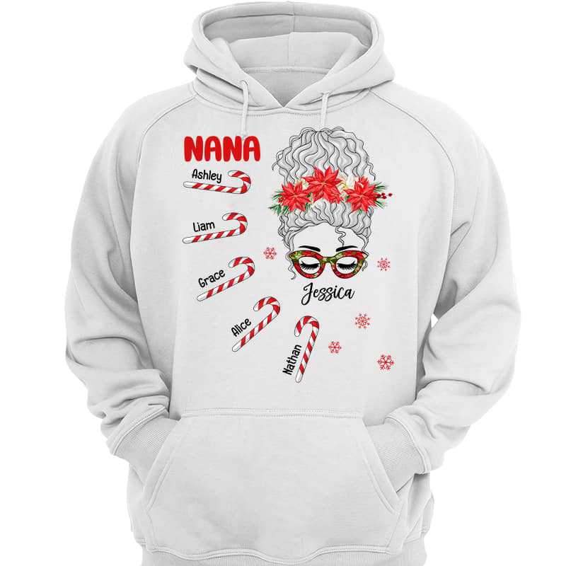 Messy Bun Mom Grandma Christmas Candy Cane Personalized Hoodie Sweatshirt