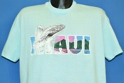 Vtg 90S Maui Hawaii Whale Jumping Ocean Splash Mountains Baby Blue Shirt