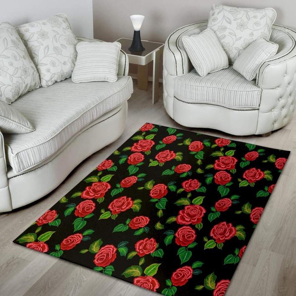 Embroidery Red Rose Floral Print Area Rug