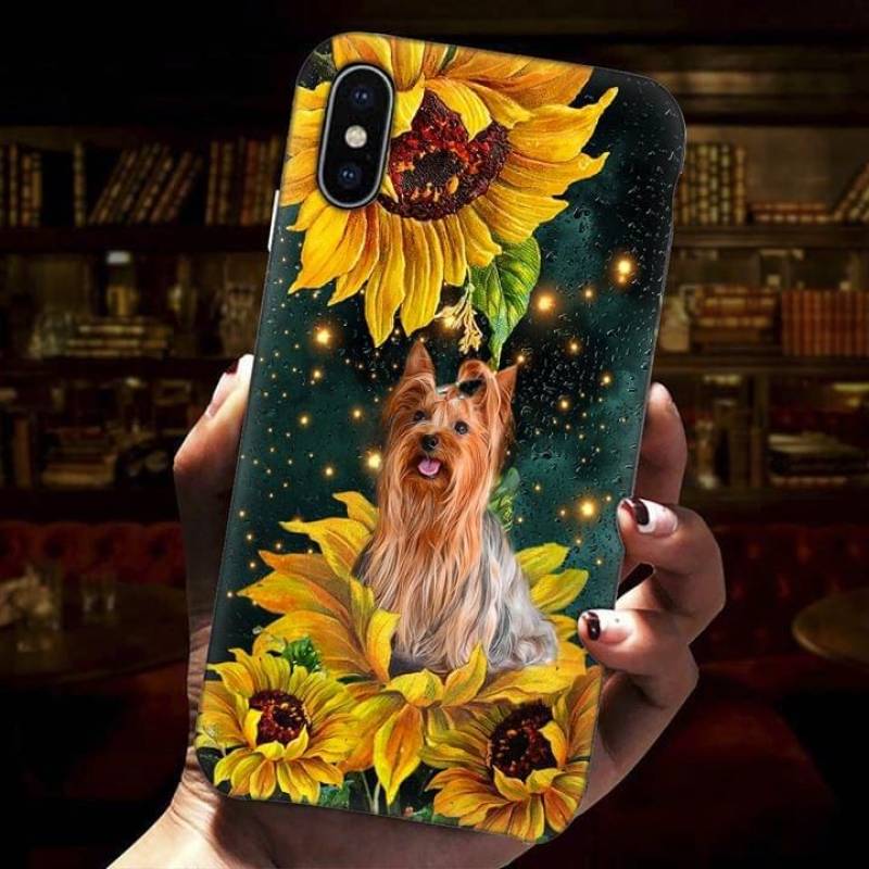 Cute Shih Tzu Dog Beautiful Blooming Yellow Sunflowers Lovely Puppy Glittering Fireflies Drops Of Water Adorable Gift For Shih Tzu Lovers Black Phone Case