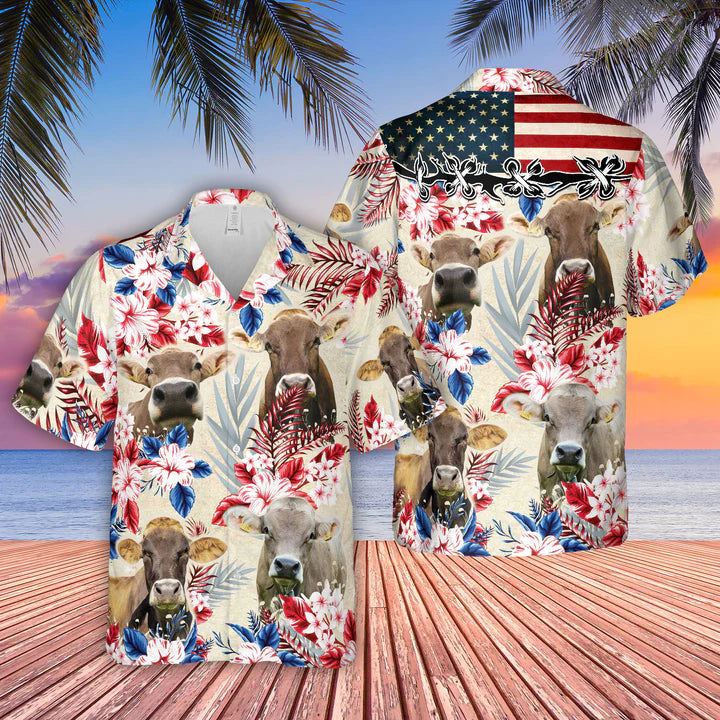 Brown Swiss Pattern Us Flag Hawaii Shirt For Men And Women Ha25703