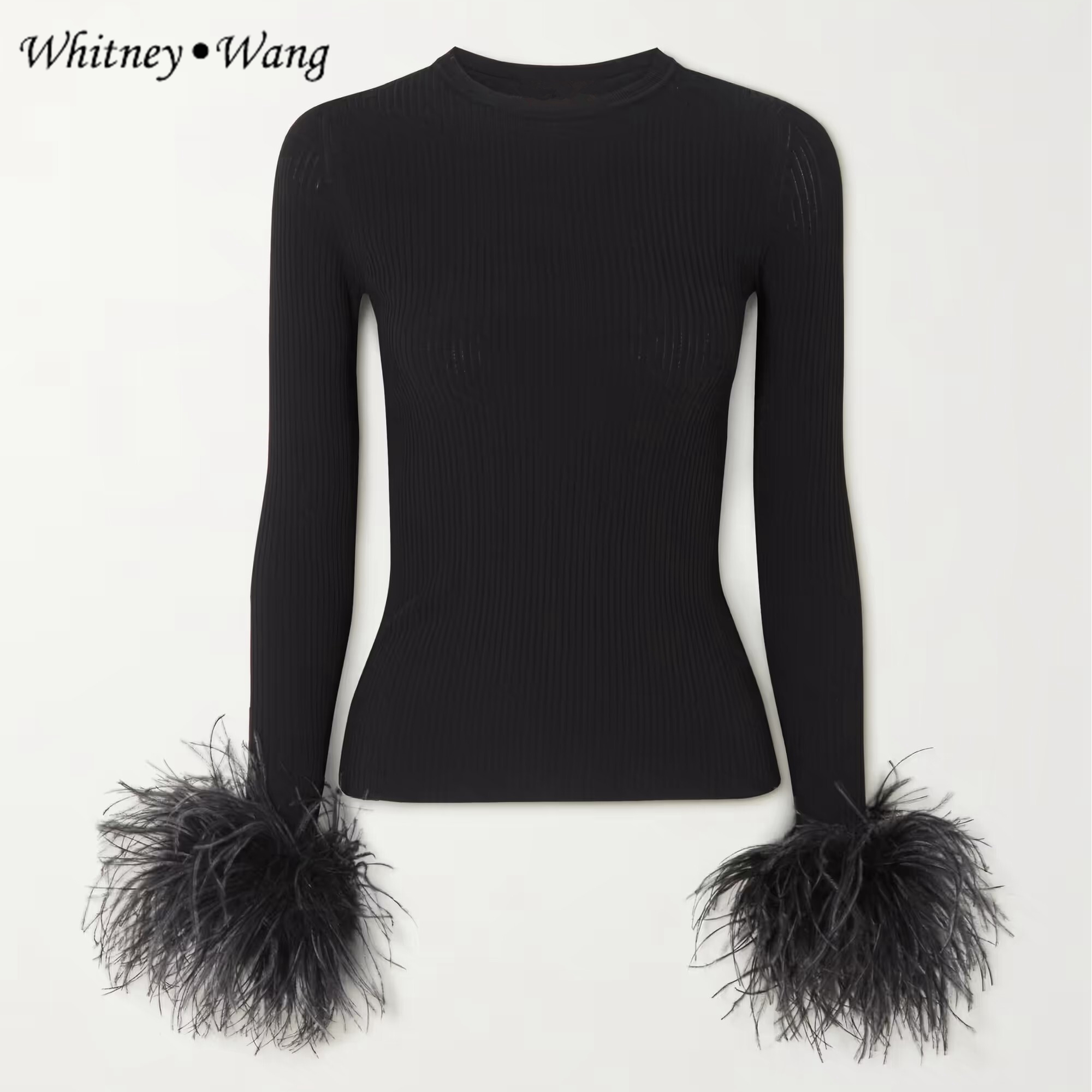 WHITNEY WANG Designer Style 2022 Autumn Fashion Streetwear Feathers Trim Ribbed Knit Top Women Slim Sweater alx