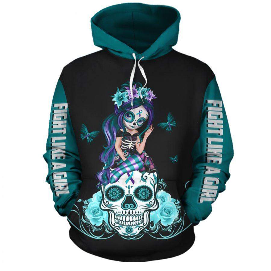 Teal and Purple Suicide Awareness Sugar Skull Girl Zip up Long sleeve T-shirt Hoodie