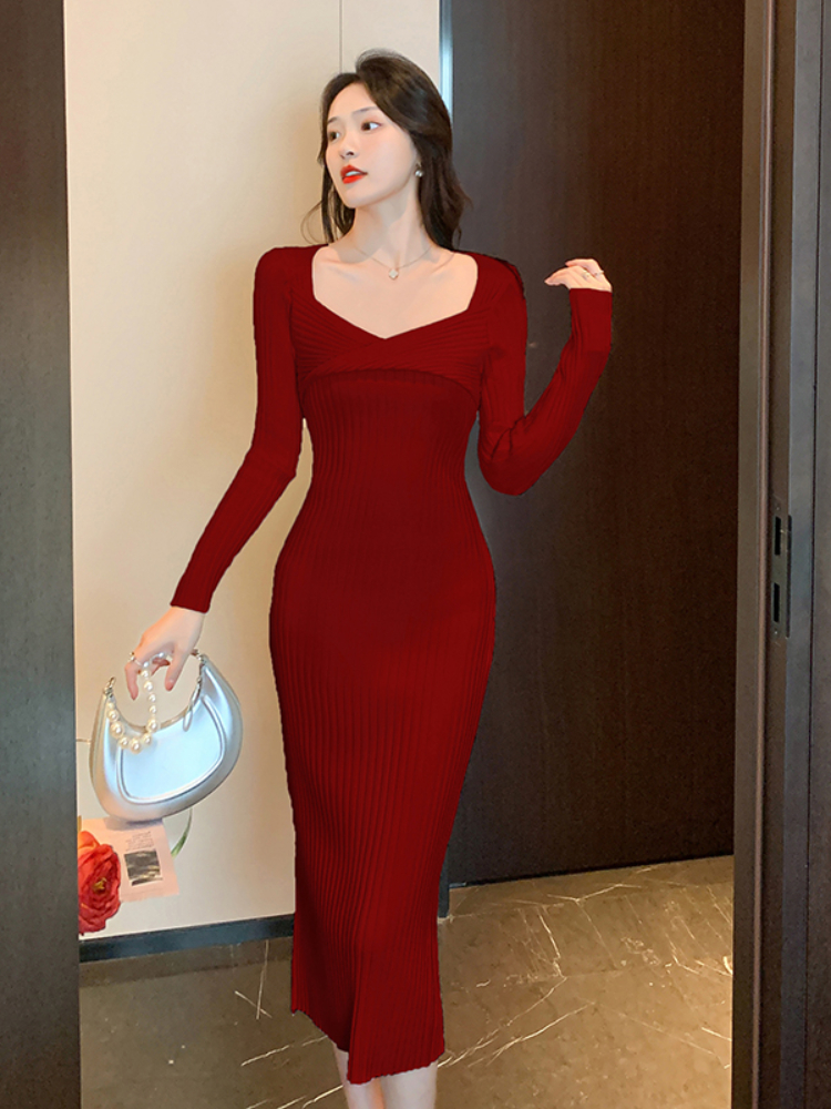 Vintage Dress Women Mid-length Sweater Knitted Dress for Women Autumn Winter Bag Hip Dresses V-neck Sexy Dress Female Clothing alx