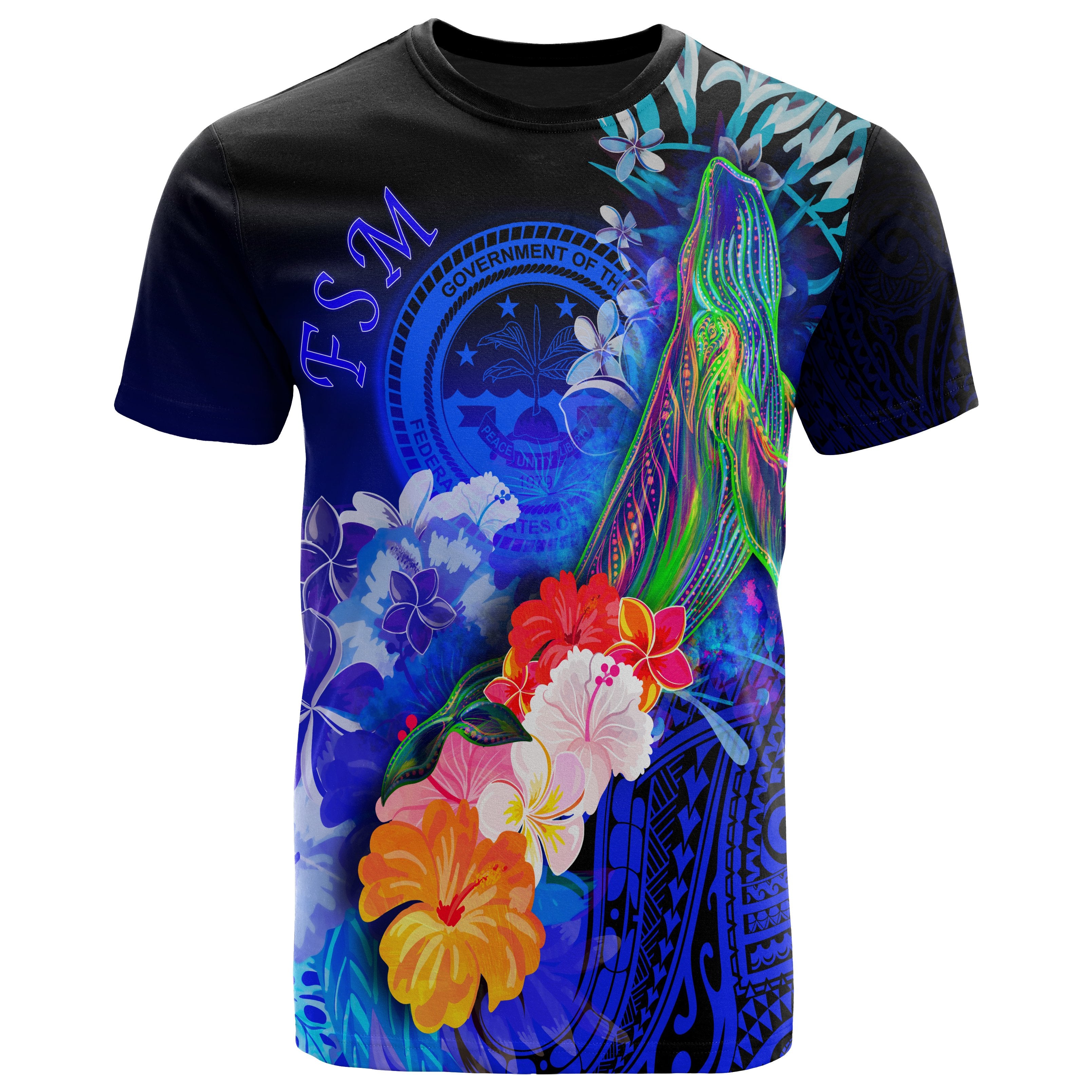 Fsm T-Shirt – Humpback Whale With Tropical Flowers (Blue)