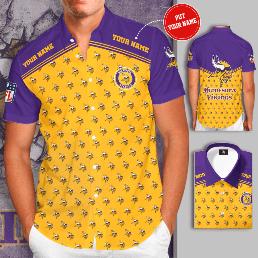 Personalized Minnesota Vikings Logo All Over Print 3D Short Sleeve Dress Shirt Hawaiian Summer Aloha Beach Shirt – Purple Yellow-Tph