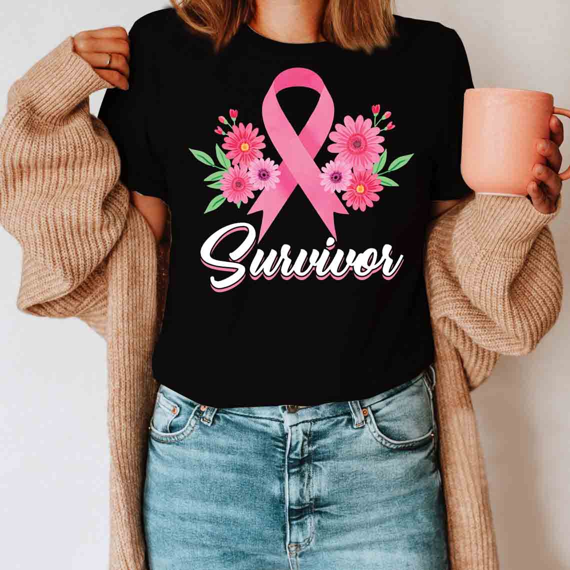 Survivor Flower And Sign Breast Cancer Awareness T-Shirt Christmas Gifts For Mom Daughter Friends Hoodies Sweater Pink