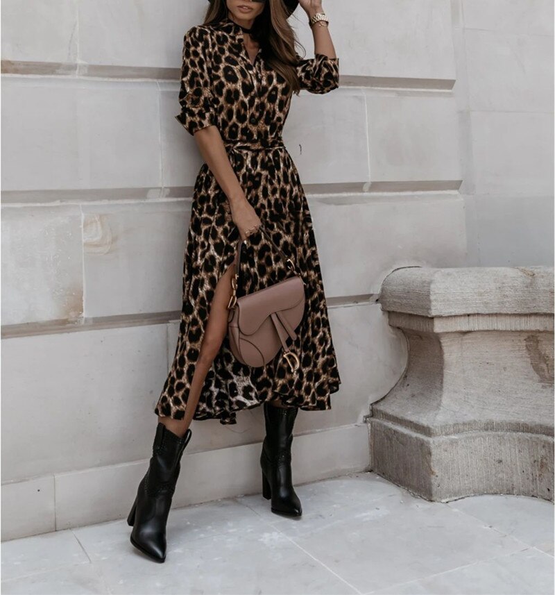 Autumn lapel Long Fashion Dress For Women 2020 Casual Long Sleeve Split Leopard Print Dress Female Elegant Maxi Party Clothing alx