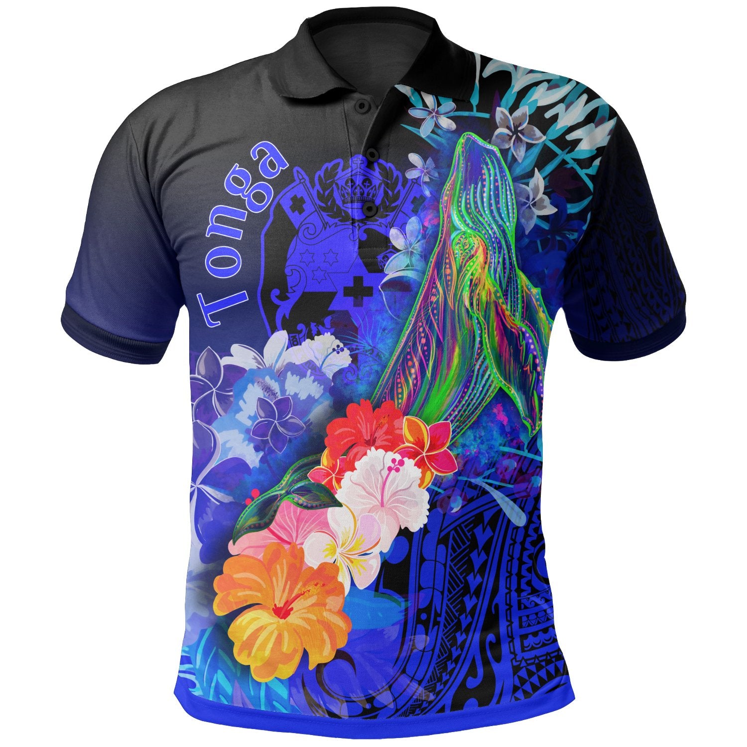 Tonga Polo Shirts – Humpback Whale With Tropical Flowers (Blue)