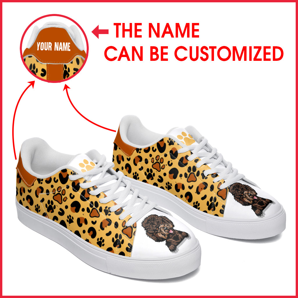 Poodle Brown Dog Lover Shoes Pattern Leopard Leather Sneaker – Personalized Custom – Best Gift For Dog Mom