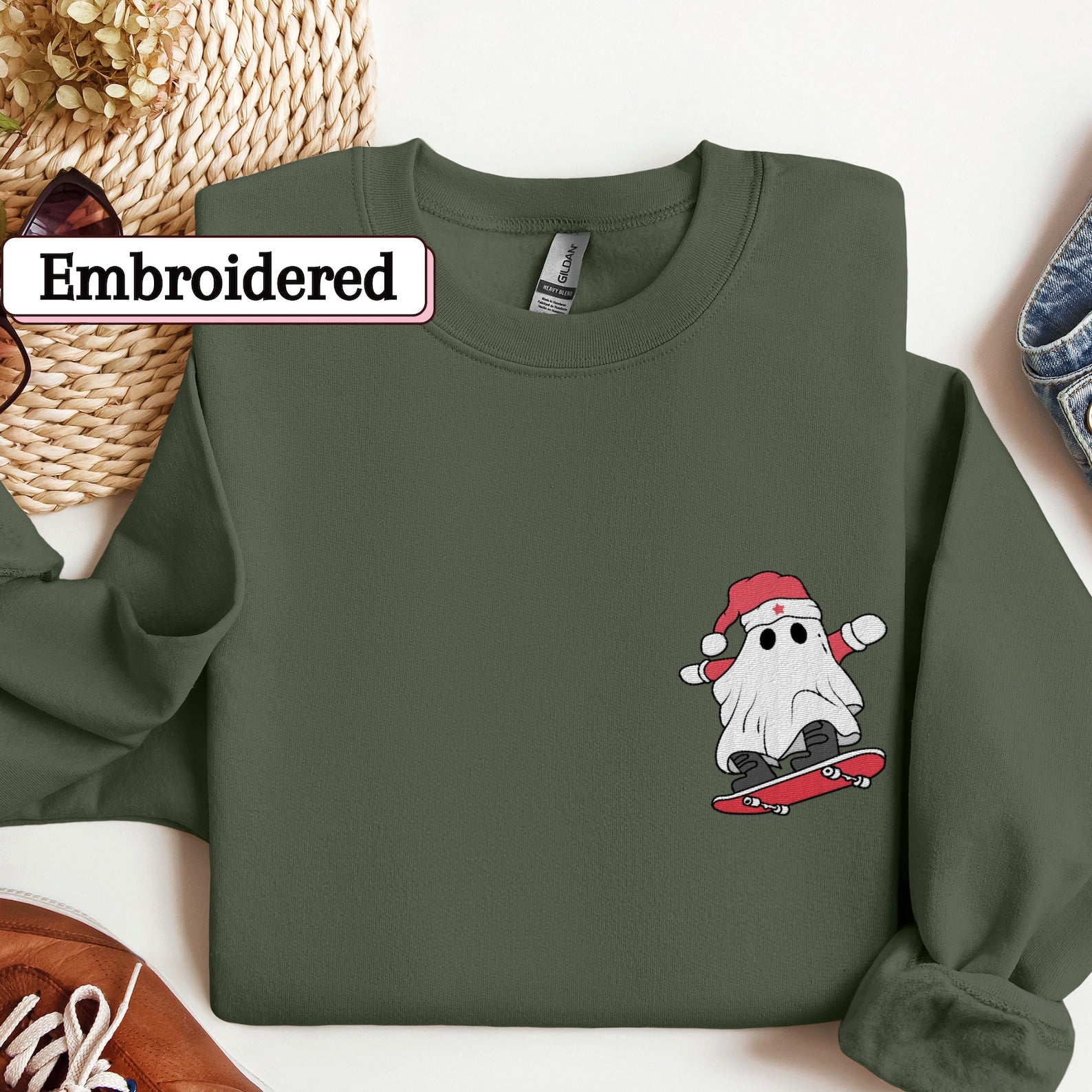 Cute Christmas Ghost Embroidered Sweatshirt 2D Crewneck Sweatshirt All Over Print Sweatshirt For Women Sweatshirt For Men Sws5206