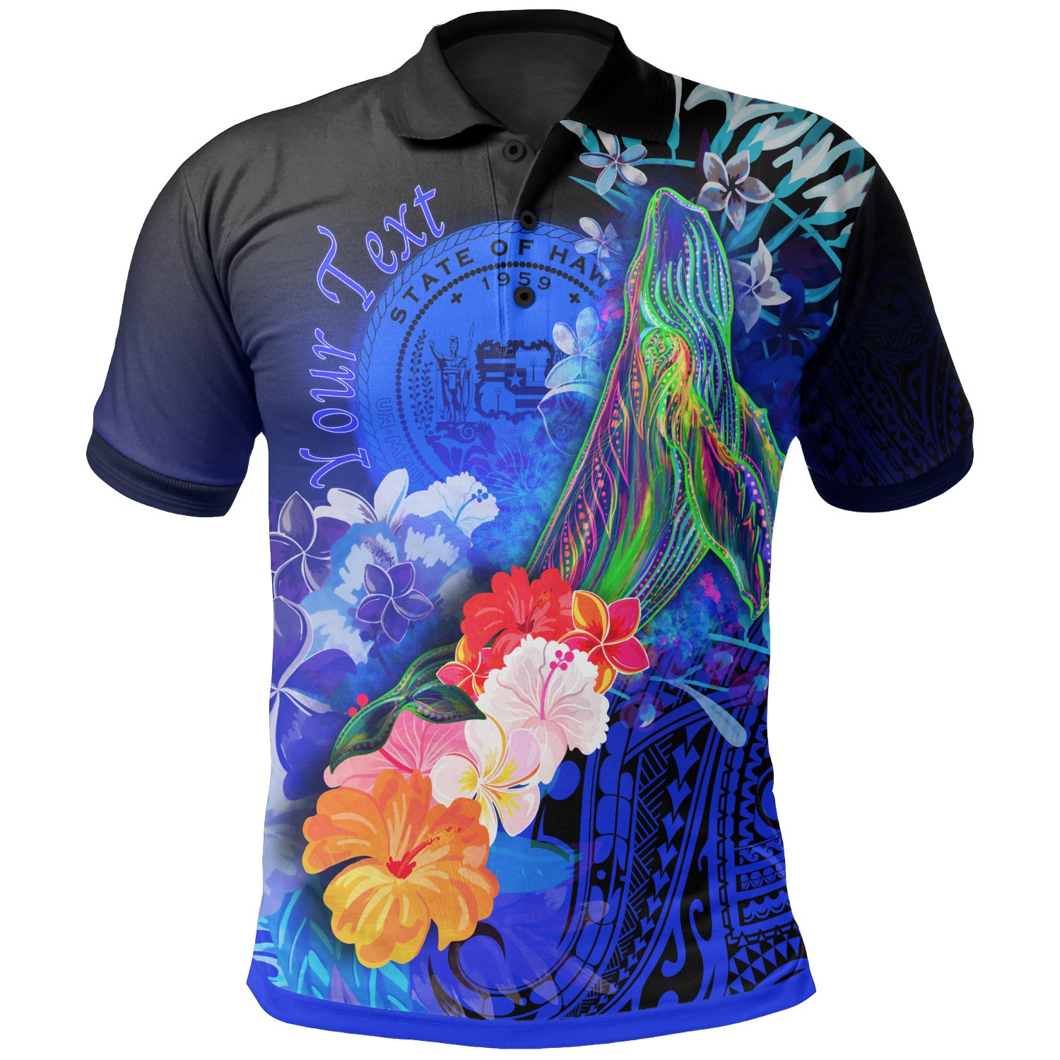 Polynesian Hawaii Custom Personalised Polo Shirts – Humpback Whale with Tropical Flowers (Blue)- BN18