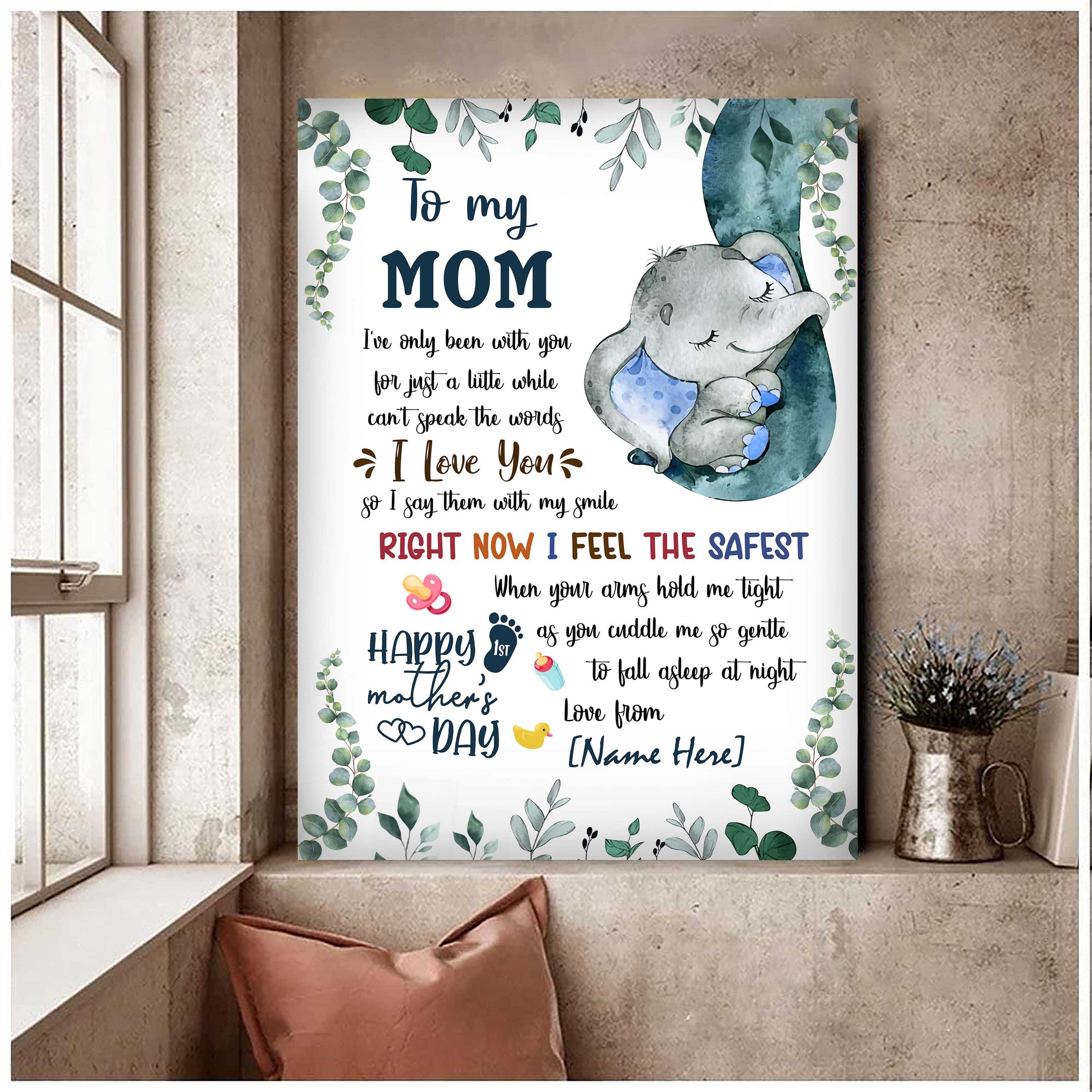 Personalized Elephant To My Mom Canvas, Mother Canvas Elephant Wall Art For Bedroom