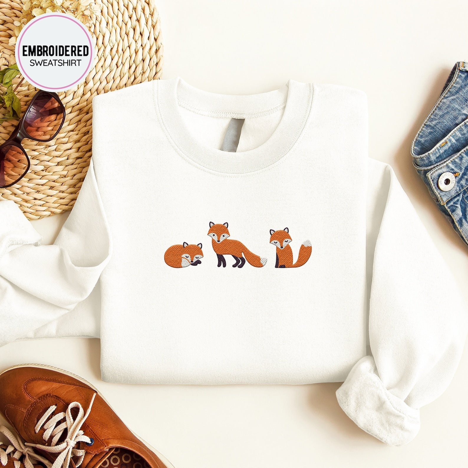 Foxes Embroidered Sweatshirt 2D Crewneck Sweatshirt All Over Print Sweatshirt For Women Sweatshirt For Men Sws2853