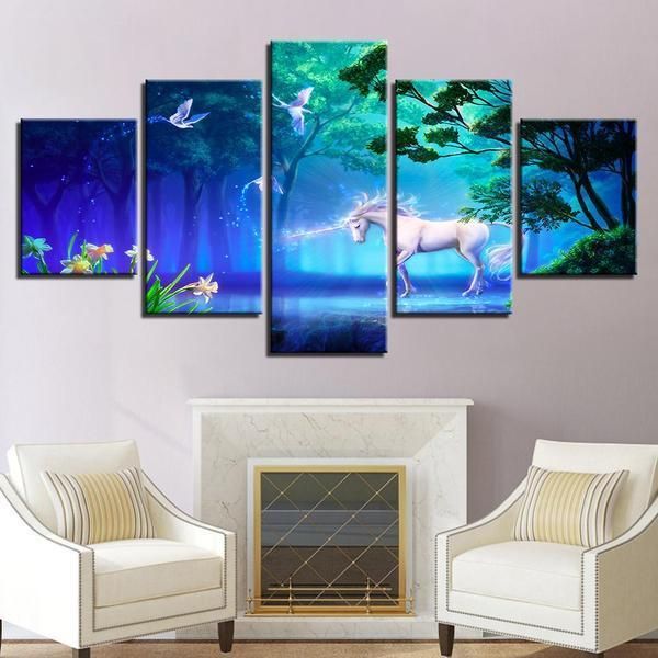 Unicorn In Wonderland 1 Abstract Animal 5 Panel Canvas Art Wall Decor