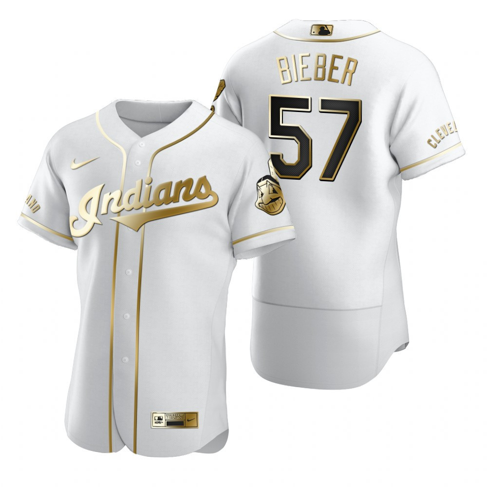 Cleveland Baseball #57 Shane Bieber MLB Golden Brandedition White Jersey Gift For Cleveland Baseball Fans