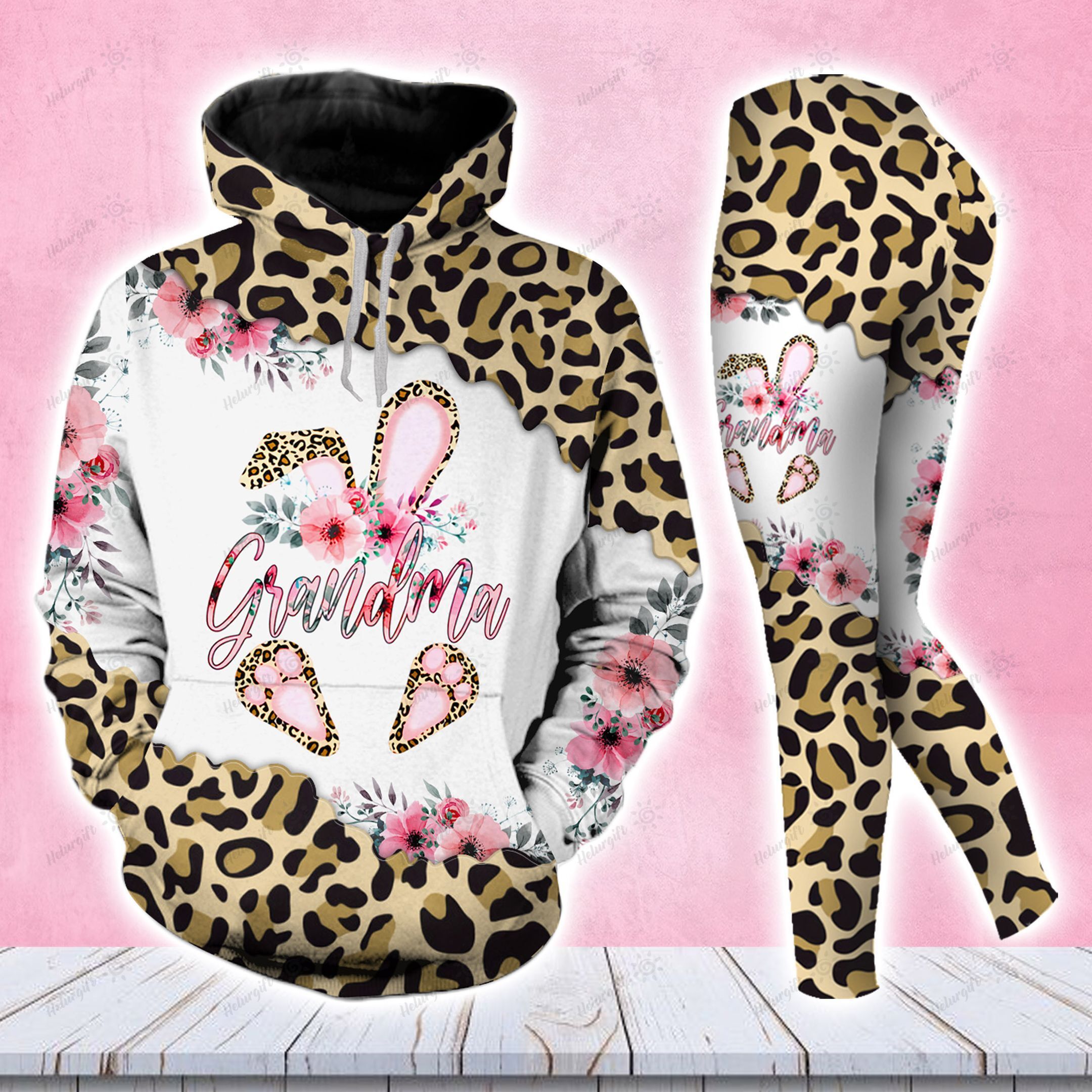 Grandma Bunny Easter Leopard Hoodie Set