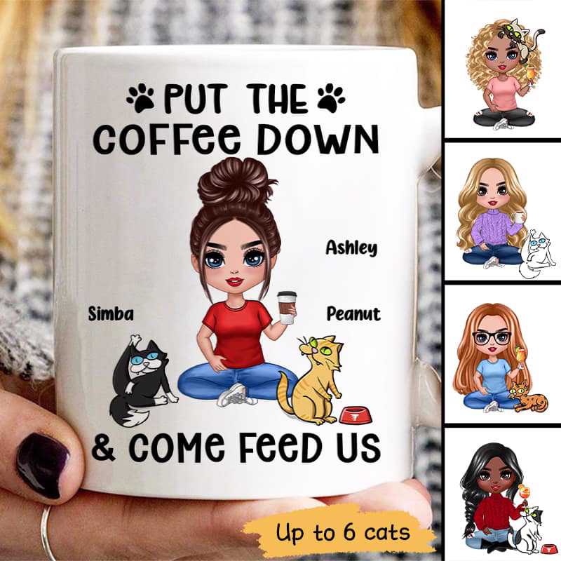 Put The Coffee Down And Feed Us Funny Cartoon Cats Personalized Mug