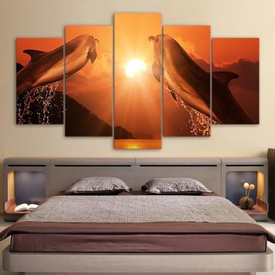 Dolphins Jumping Into The Sunset Animal 5 Panel Canvas Art Wall Decor