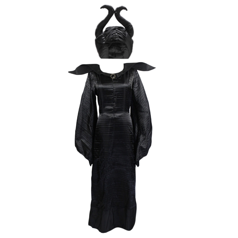 Woman Costume Plus Size Halloween Movie Deluxe Black Long Gown Evil Queen Witch Dress Cosplay Party Costume with Horn Headpiece alx