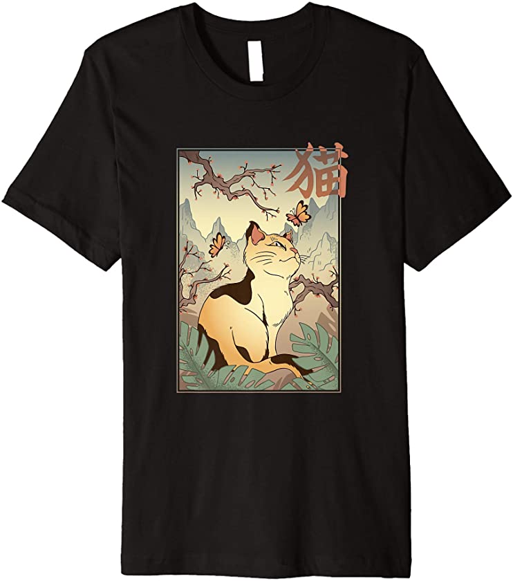 Mori Kei Aesthetic Sakura Forest Bathing Cat and Butterfly Premium T-Shirt